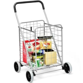 Jumbo Basket Folding Shopping Cart With Swiveling Wheels And Dual Storage Baskets (Color: Silver A, Type: Kitchen Tools)