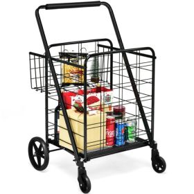 Jumbo Basket Folding Shopping Cart With Swiveling Wheels And Dual Storage Baskets (Color: Black B, Type: Kitchen Tools)