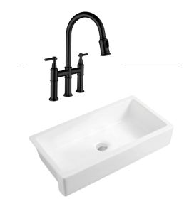 37&quot; L x 19&quot; W Farmhouse Kitchen Sink with kitchen faucet (Color: as pic)